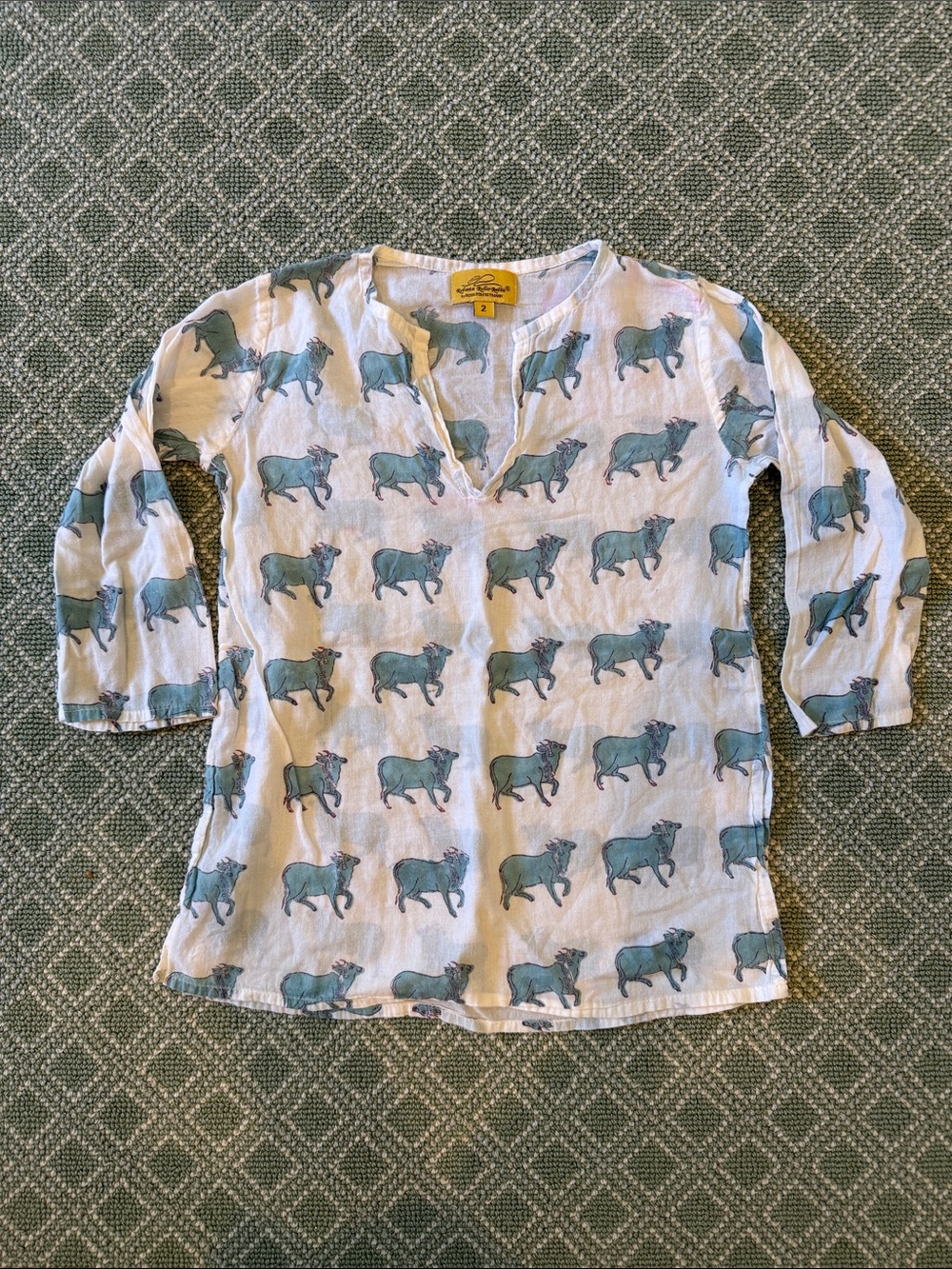 Roller Rabbit White Tunic with Teal Bull Print